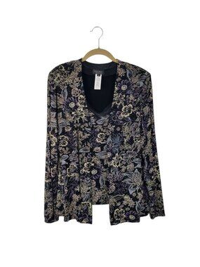 Xscape Joanna Chen Glitter Knit Twinset Open Front Black Floral Womens XL